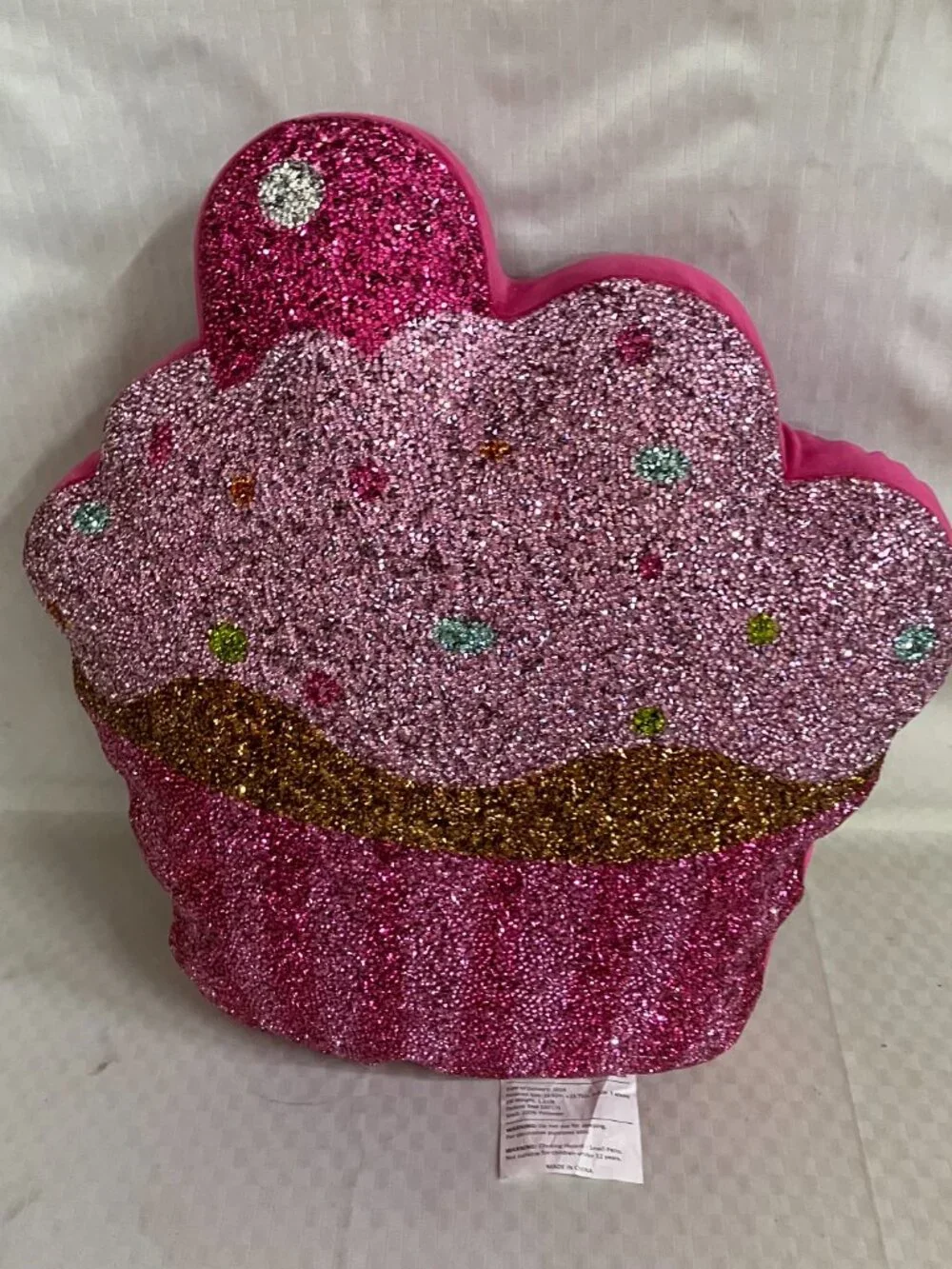 Sparkles Home Shaped Pillow Cupcake 16.5x15.75in Pink Glitter Decorative